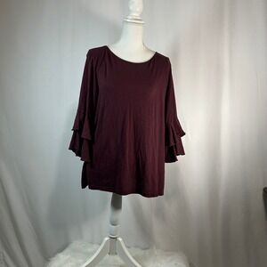 LOFT Outlet Burgundy Ruffle Sleeve Keyhole Back Top‎ Women's Size L